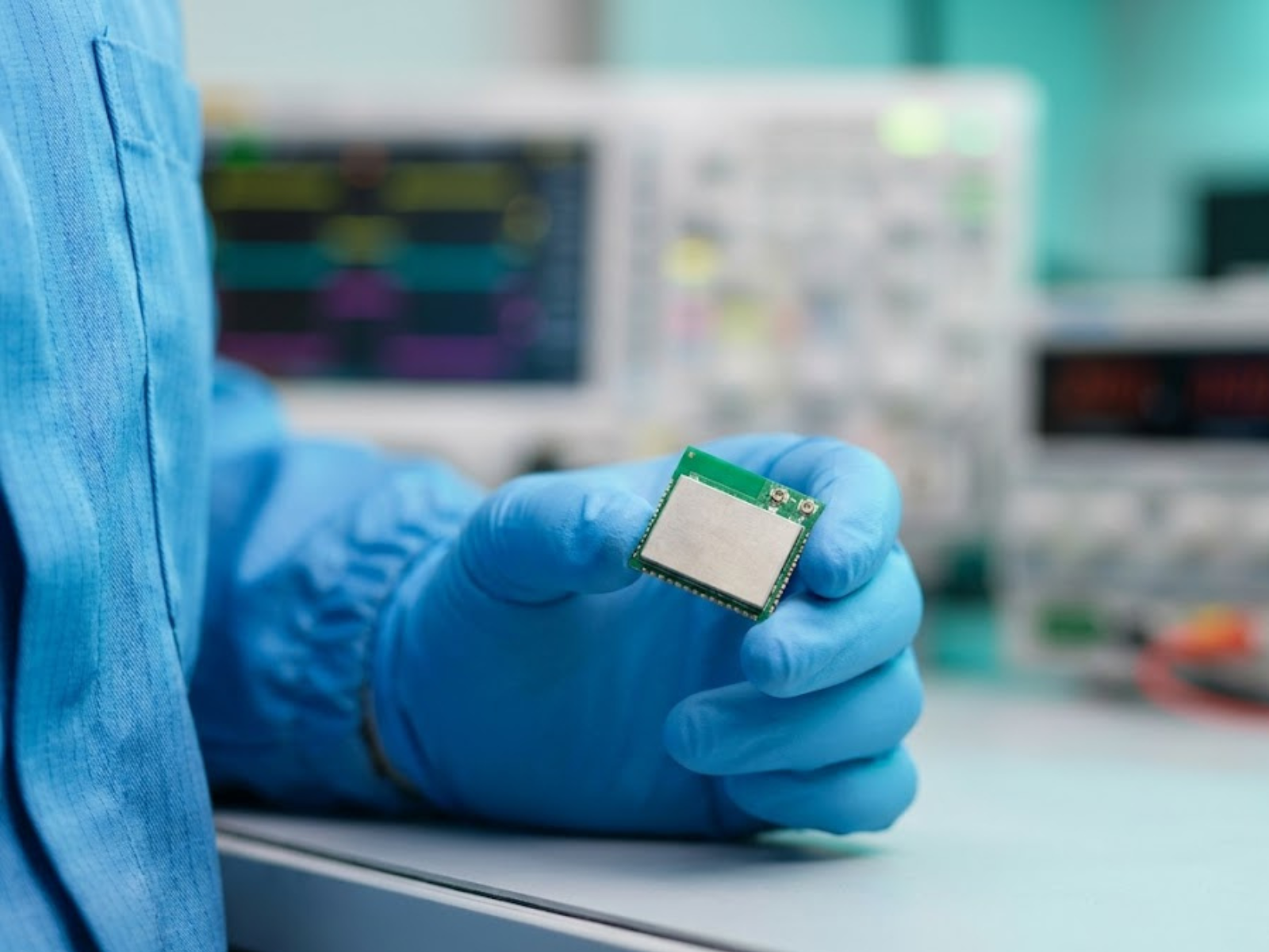 Engineer testing a low-energy wireless connectivity module